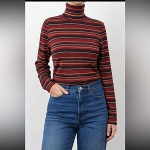 VTG Brooks Brothers Merino Wool Striped Turtleneck Sweater Red Brown Preppy